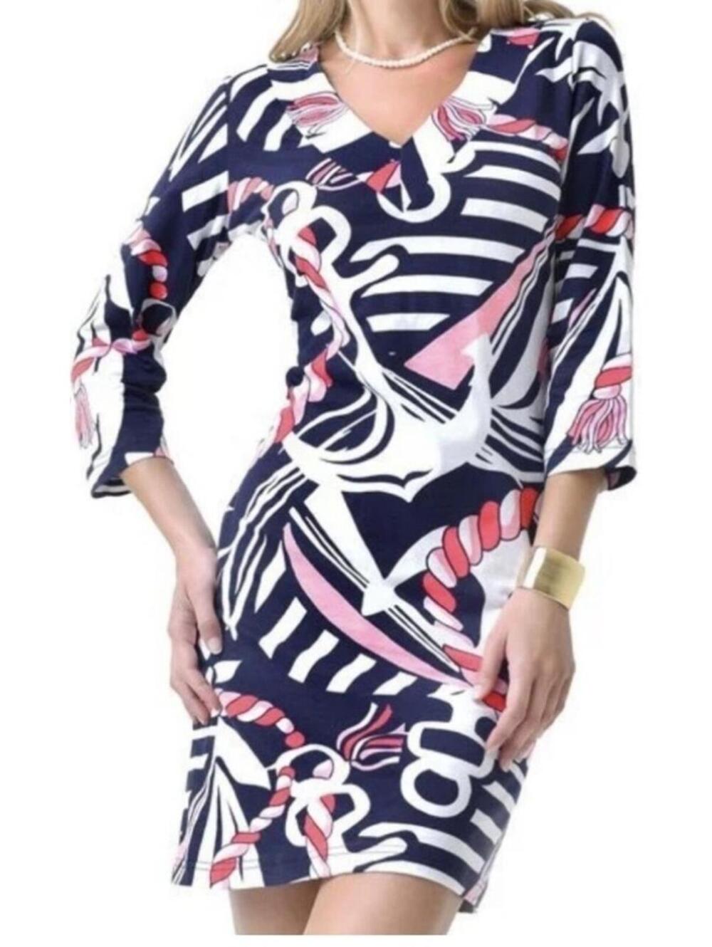 Barbara Gerwit Vintage Anchor Rope Navy Blue Pink Knit Dress - L